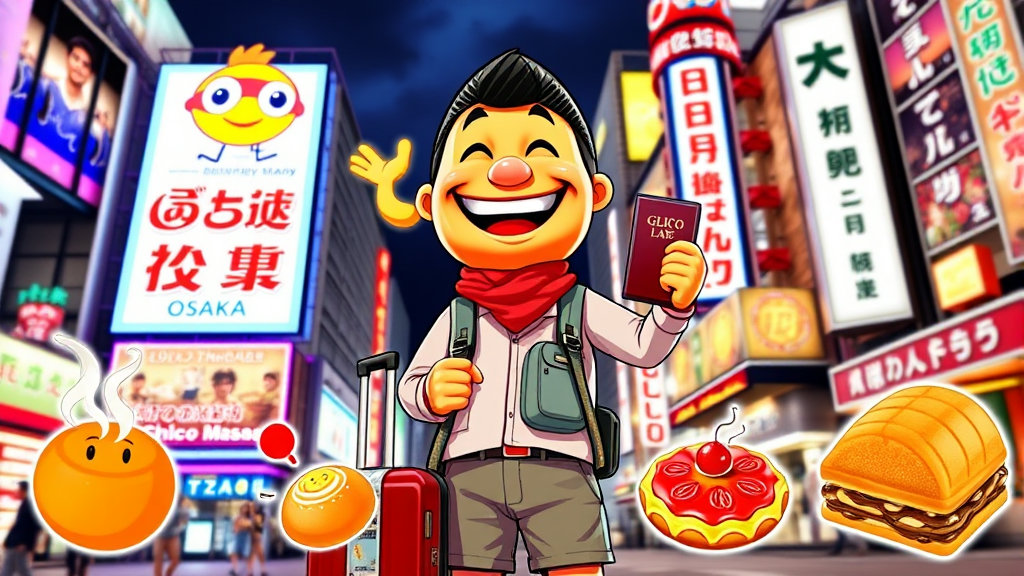 A traveler character smiling brightly in front of Osaka's landmark Glico Running Man sign, with the dazzling night view of Dotonbori and illustrations of delicious food (takoyaki, okonomiyaki, etc.) in the background. The character is holding a suitcase and a passport, conveying an atmosphere full of excitement. Text overlay: &quot;Osaka, Here I Come!&quot;