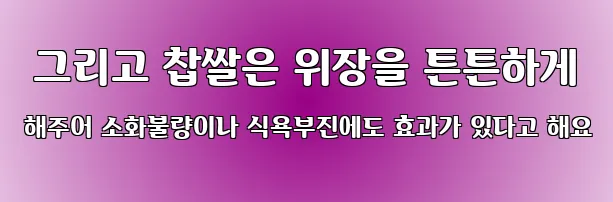  그리고 찹쌀은 위장을 튼튼하게 해주어 소화불량이나 식욕부진에도 효과가 있다고 해요