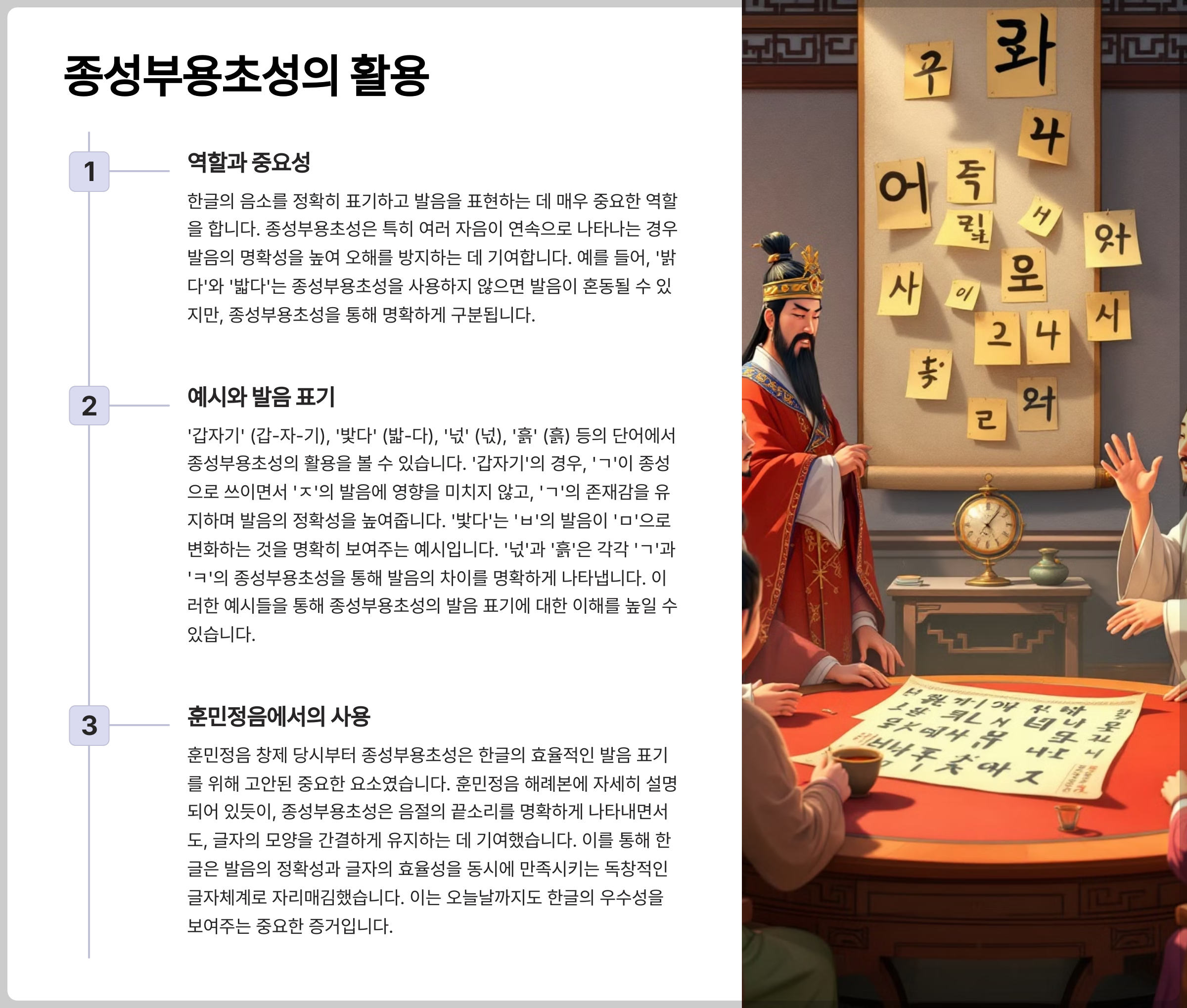 한글 발음 표기법의 핵심요소인 종성부용초성에 대한 예시와 설명