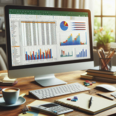 다양한 그래프가 표시된 모니터, 깔끔한 사무실 배경