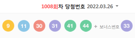  1008회차 로또 당첨번호 (1등 당첨자는 11명으로 당첨금은 22억 6737만 원)