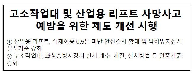  고소작업대 및 산업용 리프트 사망사고 예방을 위한 제도 개선 시행