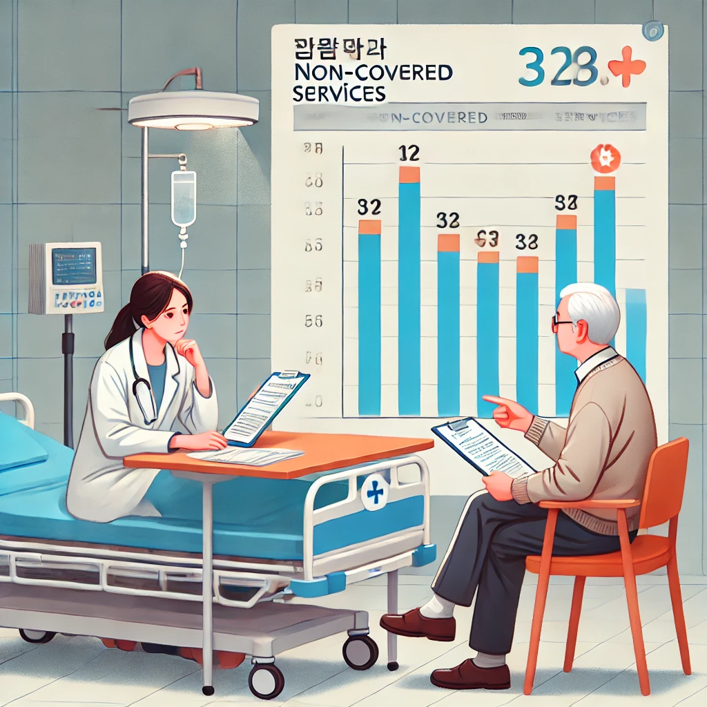 병실에서 환자가 청구서를 보는 모습, 비급여 항목 비용과 실손보험 의존 증가를 나타내는 그래프 포함