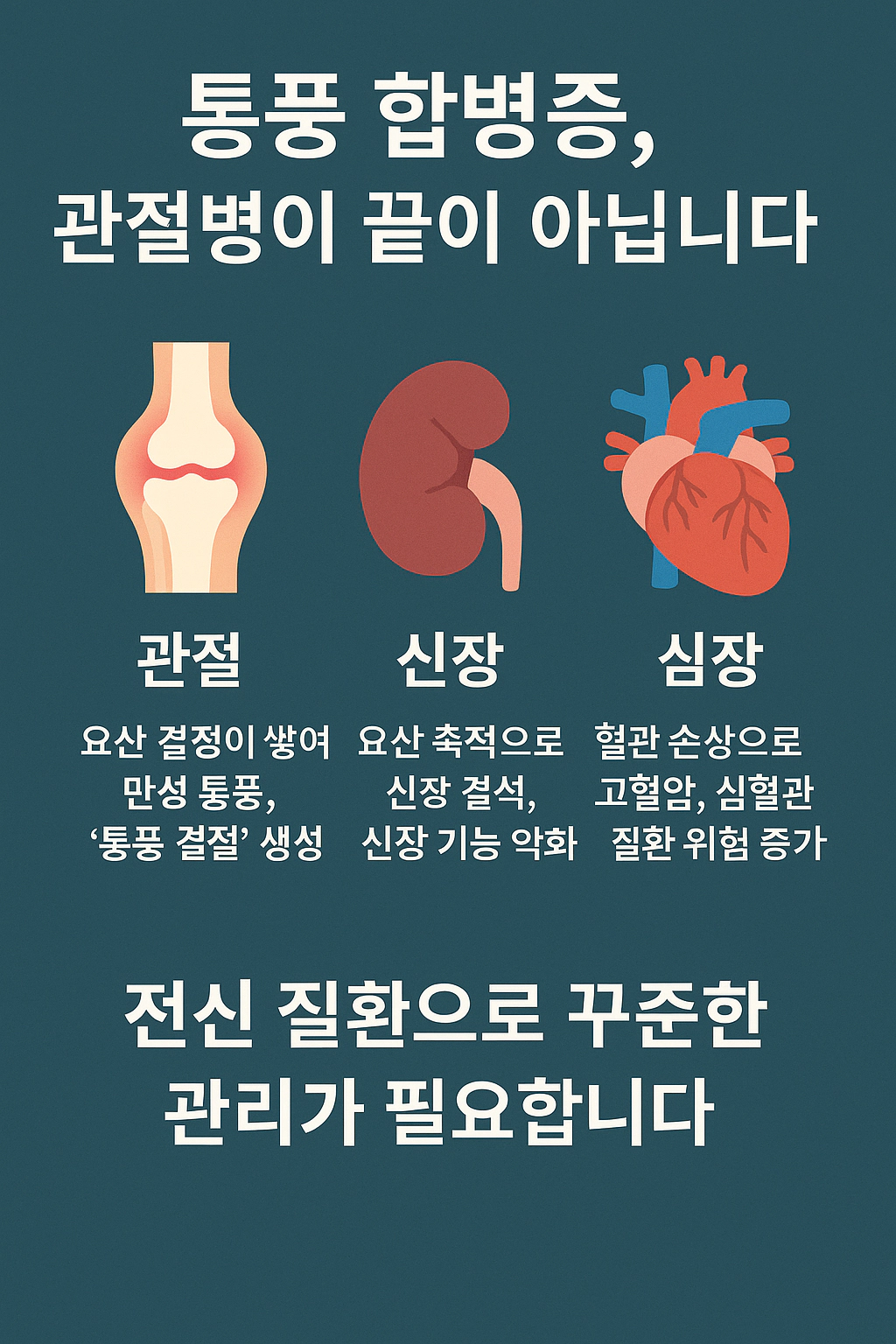 통풍 합병증, 관절병이 끝이 아닙니다 신장과 심장까지 위협하는 만성 통풍