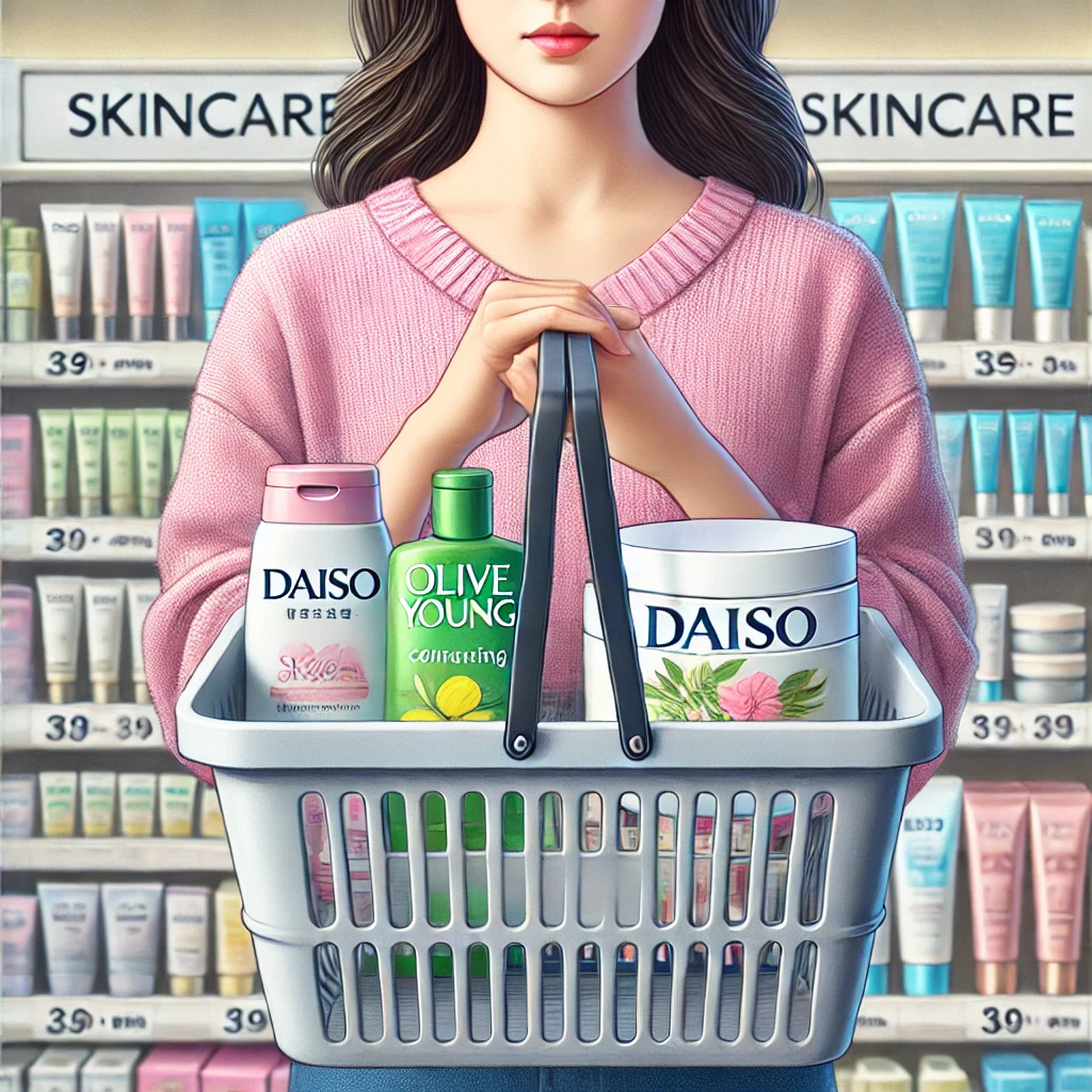 화장대에서 다이소와 올리브영 화장품을 정리하는 여성