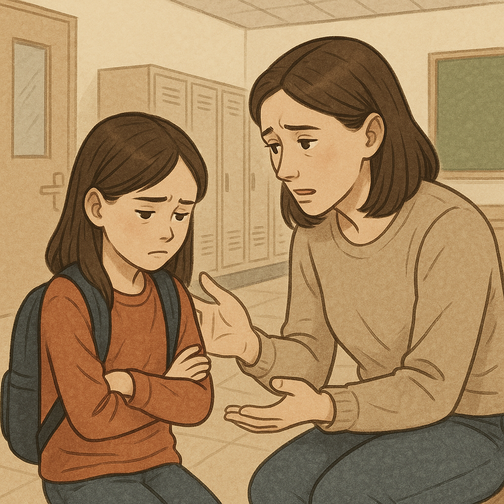 학교에서 힘들어하는 아이와 조용히 대화 중인 부모