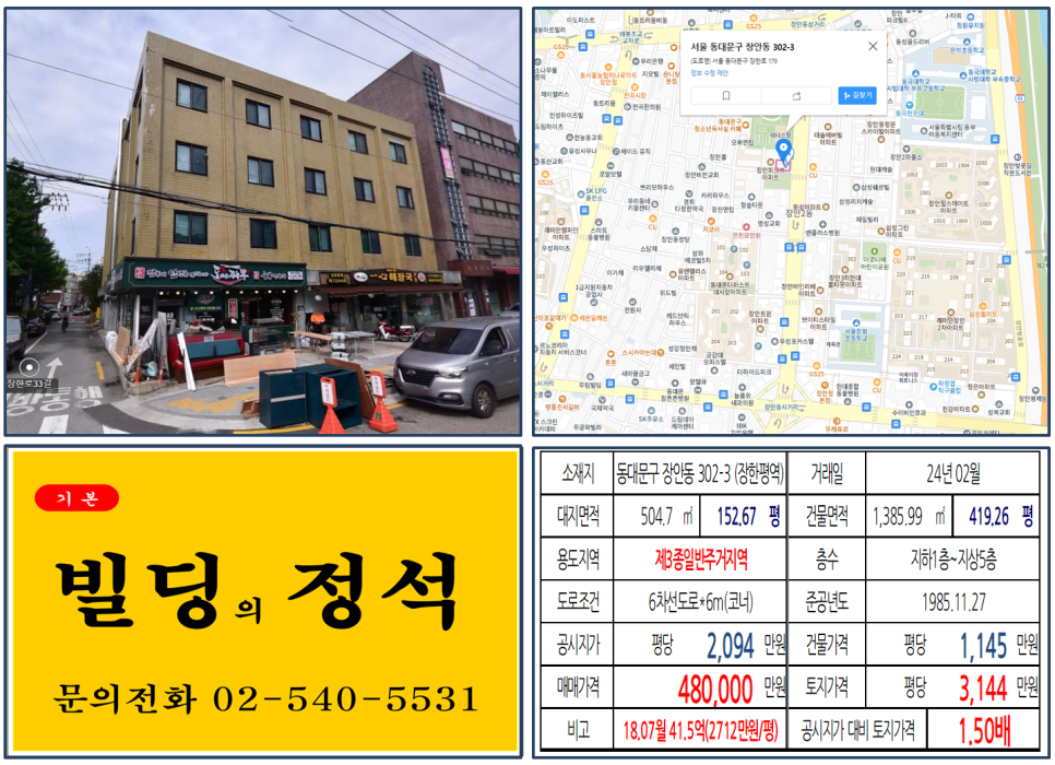 동대문구 장안동 302-3번지 건물이 2024년 02월 매매 되었습니다.