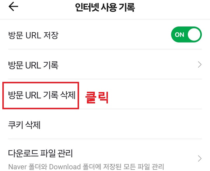 방문 URL 기록 삭제 메뉴를 클릭함