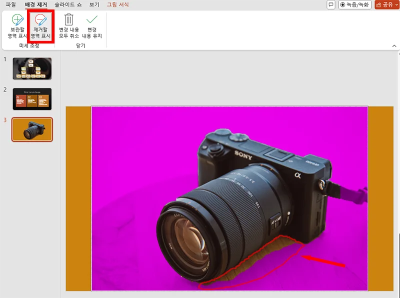 파워포인트 배경 제거 작업 중에 제거할 영역을 표시하는 모습