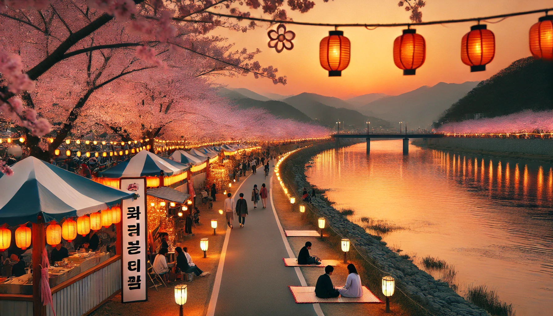 벚꽃과 한지 등이 어우러진 여주 남한강 벚꽃축제 황혼 풍경 &ndash; 붉은 노을 아래 낭만적인 강변 데이트 분위기