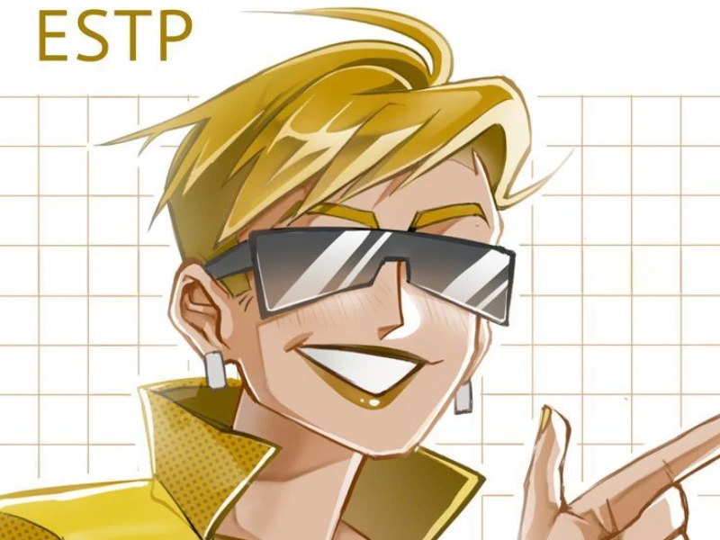 짧은 금발에 썬글라스를 쓰고 황금 자켓을 입고 있는 MBTI ESTO 성향을 나타내는 2D 이미지