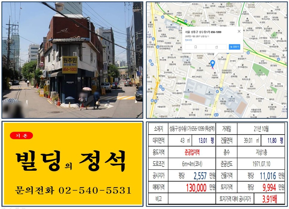  [성동구 준공업지역 10억 꼬마빌딩 실거래가 조회] 성수동1가 656-1099 (뚝섬역) 13억 원, 평당 9,994만 원 매매되었습니다.