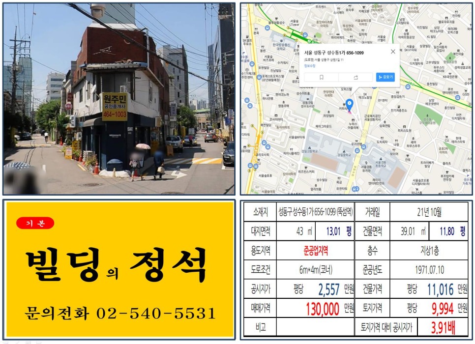 성동구 성수동1가 656-1099번지 건물이 2021년 10월 매매 되었습니다.