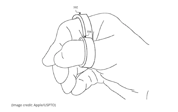 애플 XR 헤드셋을 위한 손 추적 및 기타 제어를 돕기 위해 손가락에 골무와 같은 센스 장치를 착용한 그림