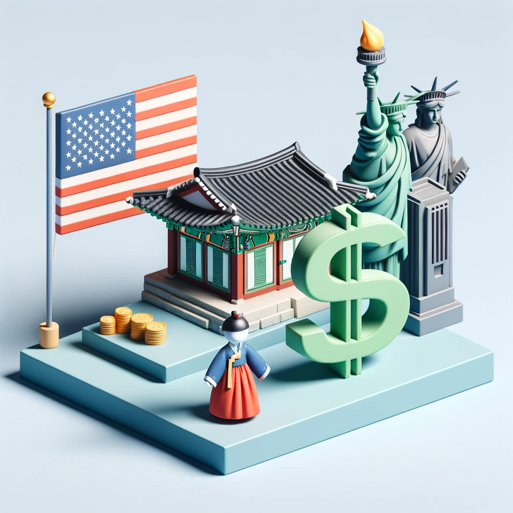 미국은 자유의 여신상과 달러 기호를 포함하여 양국의 경제적 상호작용을 나타내는 이미지