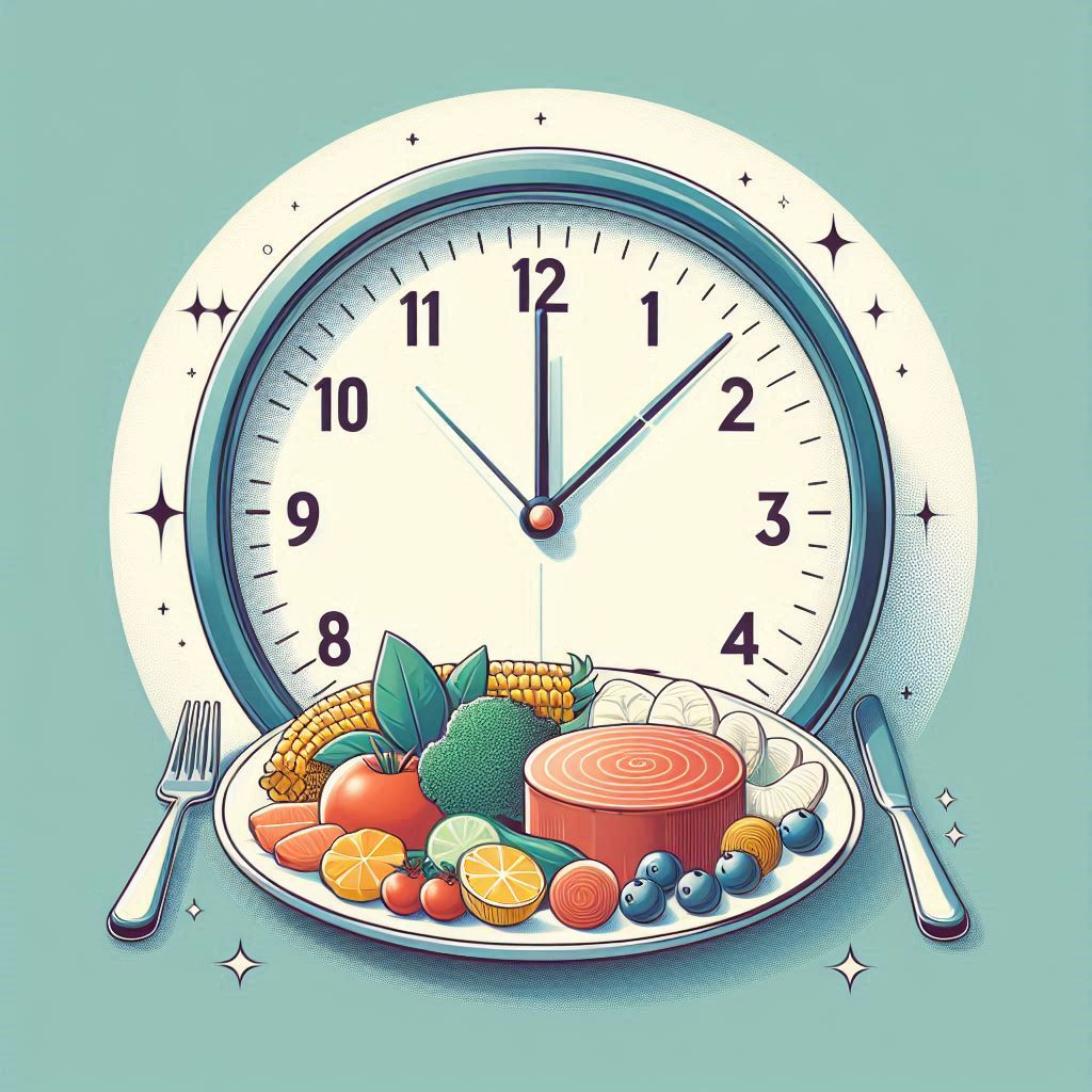 A clock and plate symbolizing intermittent fasting, with a healthy meal in the eating window.