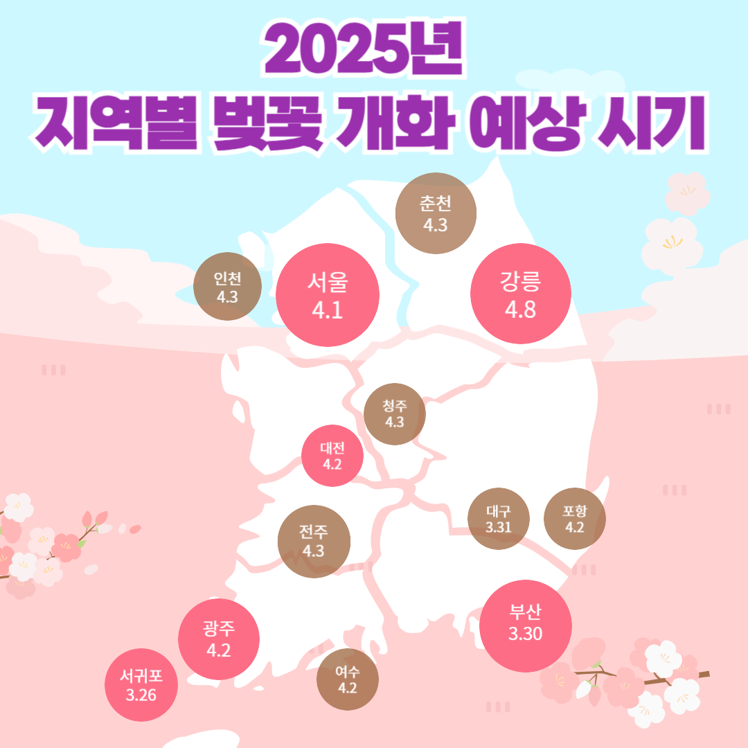 alt=&quot;2025년 전국 벚꽃 개화 예상 시기 지도, 지역별 개화 날짜 표시&quot;