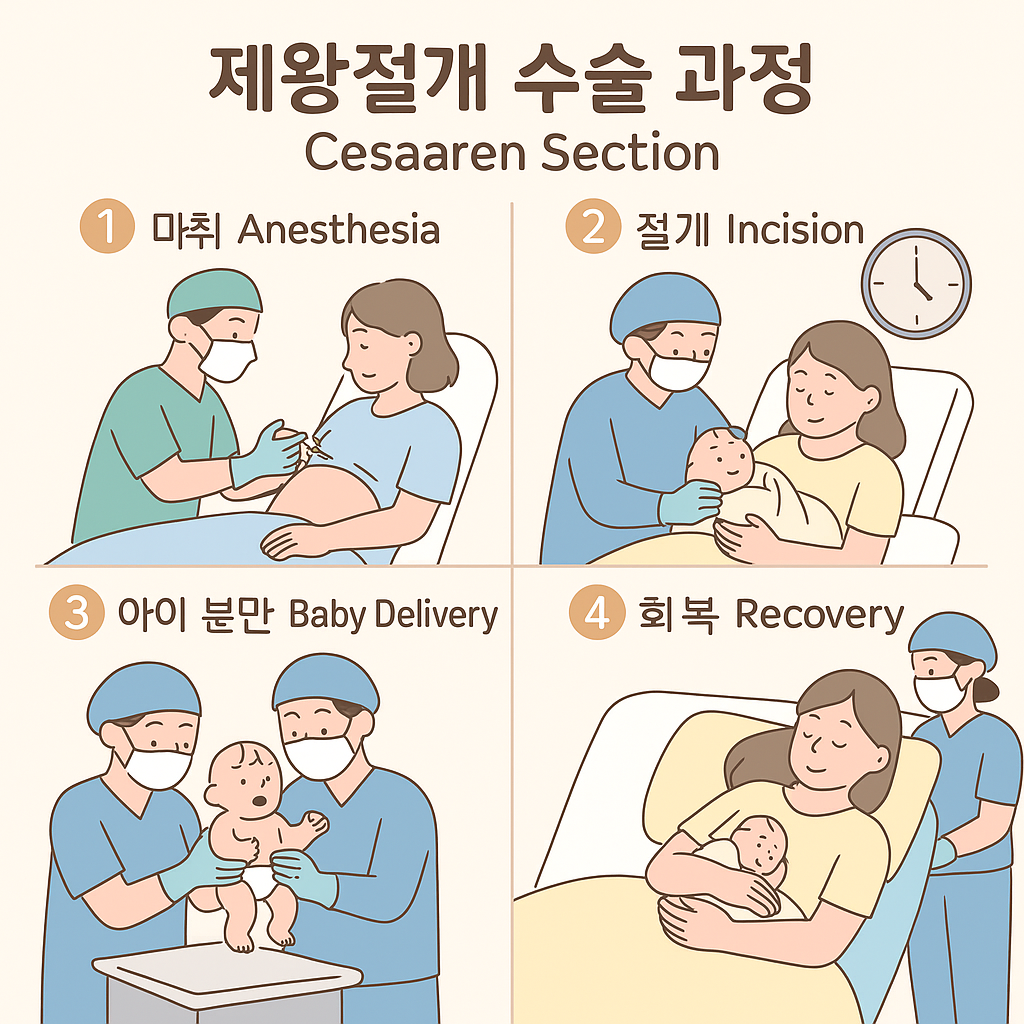 제왕절개 수술 진행 단계와 시간 흐름을 보여주는 일러스트
