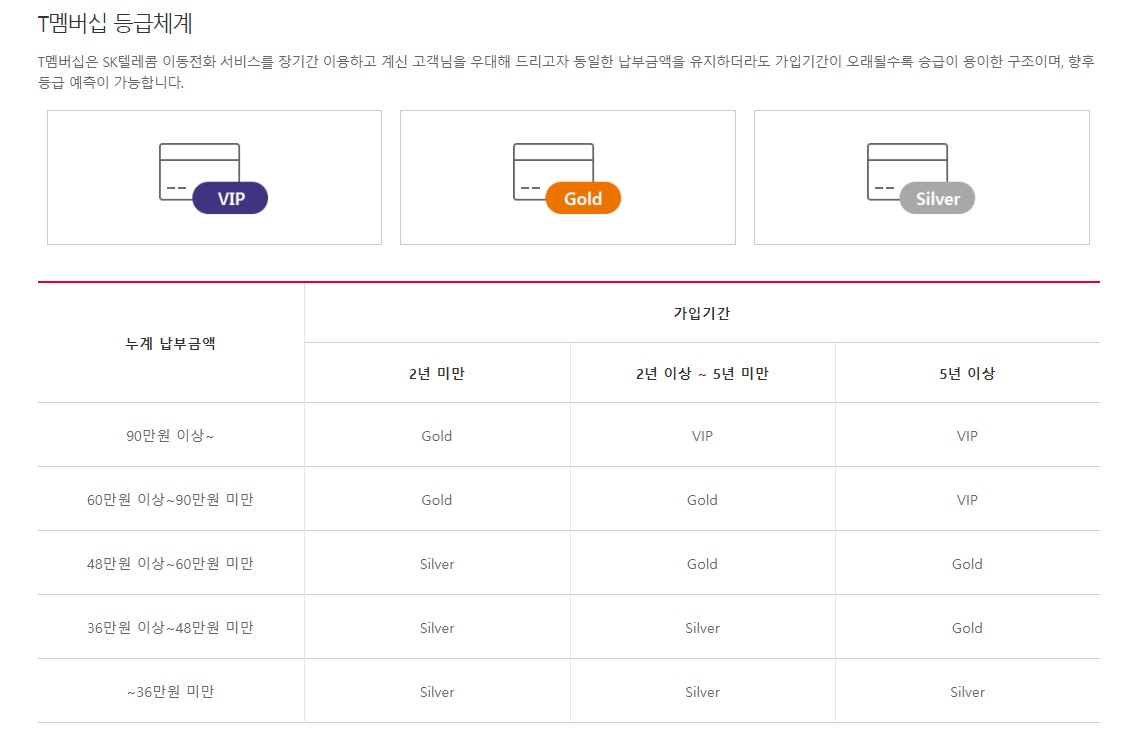  SKT 멤버십 등급 기준 - VIP, 골드, 실버