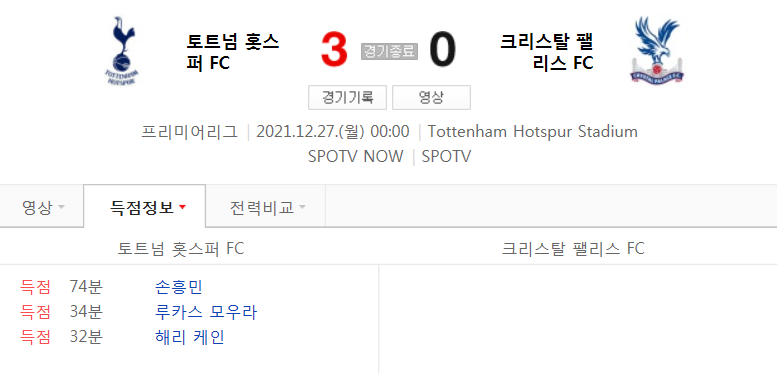  잉글랜드 프리미어리그 19라운드 - 토트넘 홋스퍼 VS 크리스탈 팰리스 (21/22 시즌 축구 2021년 12월 27일 경기)