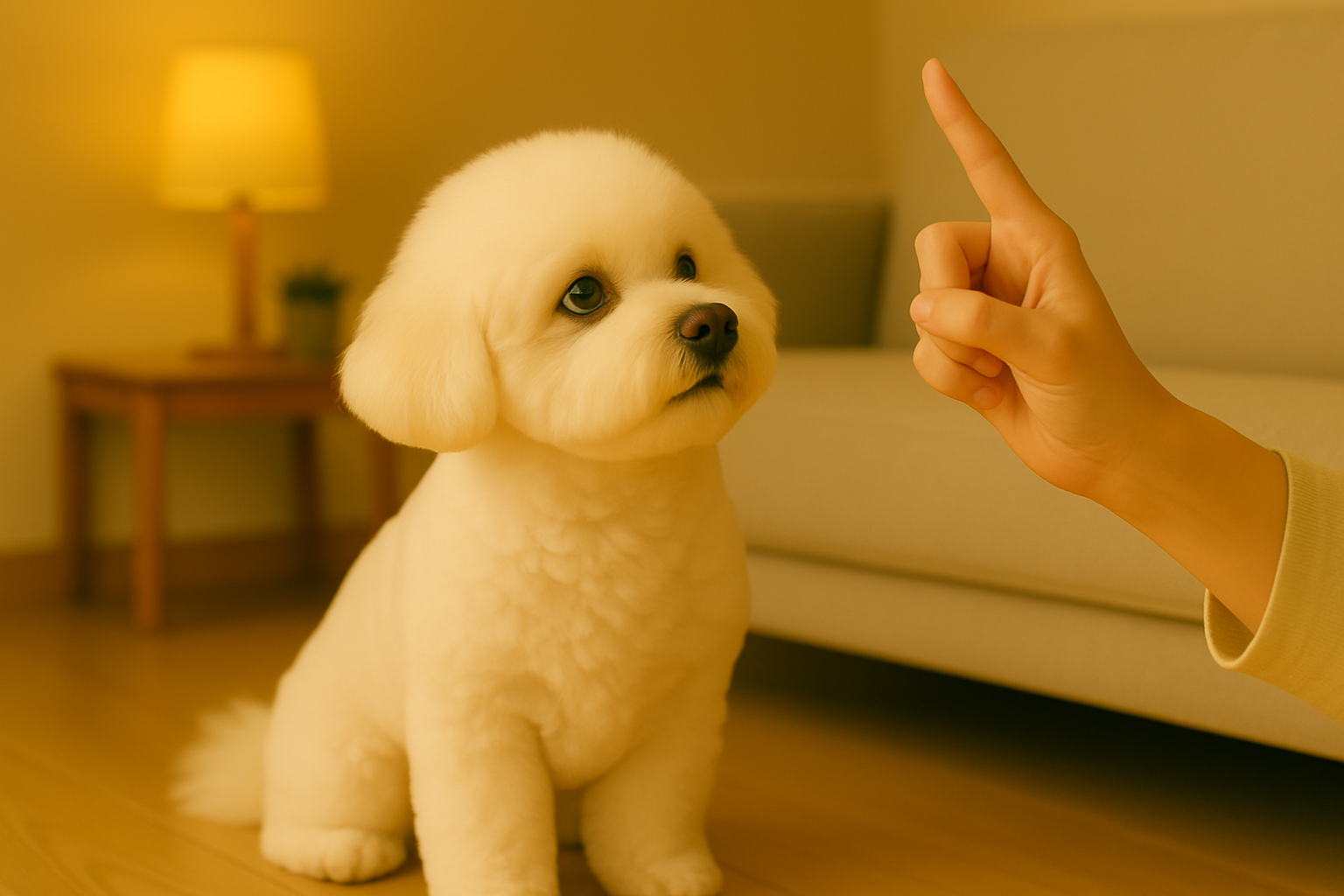 보호자의 손을 바라보며 기대 가득한 눈빛으로 기다리는 미니비숑 강아지 / A white Bichon Frise watching its owner's hand intently, waiting for a command
