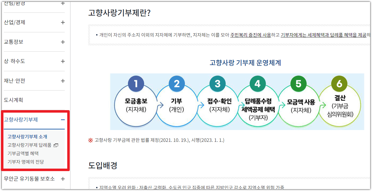 무안군청 홈페이지 고향사랑기부제