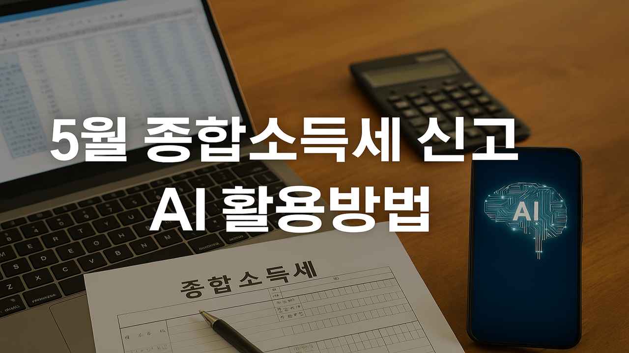 5월 종합소득세 신고를 위한 AI 활용 장면 (노트북, 종합소득세 서류, 스마트폰 AI 그래픽)