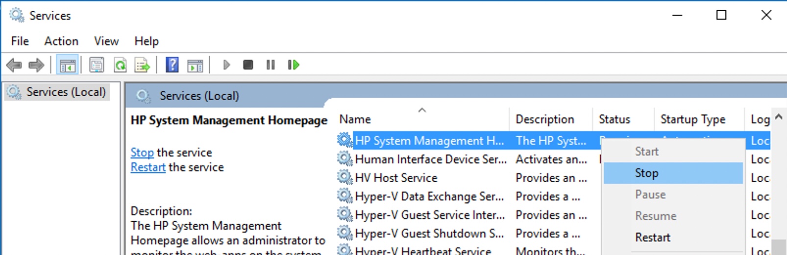 HP System Management Homepage 서비스 중지