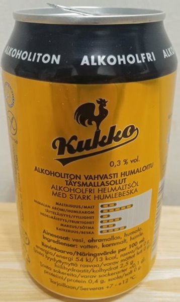 노란색 캔의 Kukko 브랜드 0.3% 논알코올 맥주