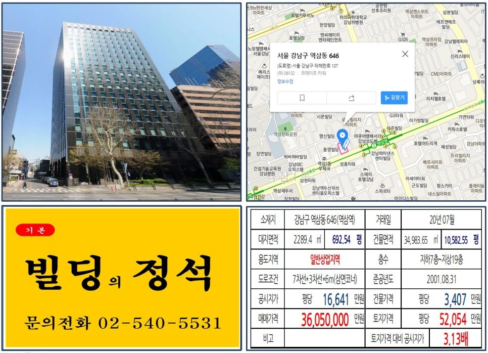 [강남구 테헤란로 현대해상사옥 3,000억 빌딩 실거래가 조회] 역삼동 646 (역삼역) 3,605억 원, 평당 5억 2,054만 원, 연면적당