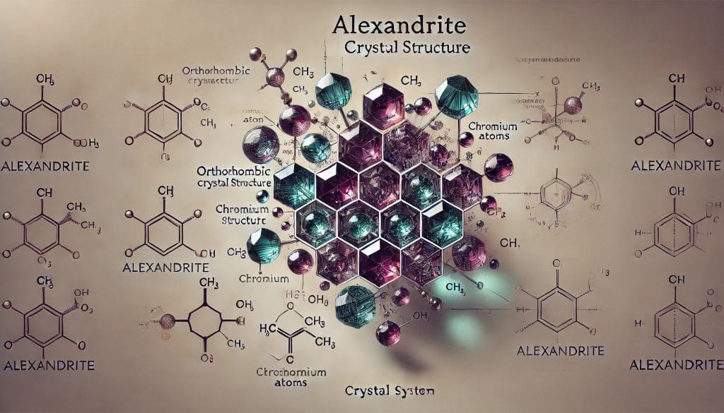 이 이미지는 알렉산드라이트의 화학적 구조와 결정 체계를 강조한 다이어그램을 보여줍니다. 결정의 각 면과 모양이 잘 정의되어 있으며, 크로뮴 원소의 역할과 빛의 파장에 따른 변색 특성이 시각적으로 나타나 있습니다.