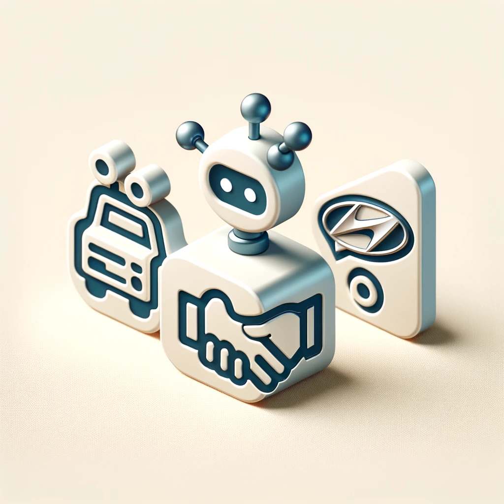로봇을 상징하는 작은 로봇 아이콘, 현대자동차 로고를 상징하는 자동차 아이콘, 협력을 상징하는 손잡기 아이콘이 포함된 심플한 이미지