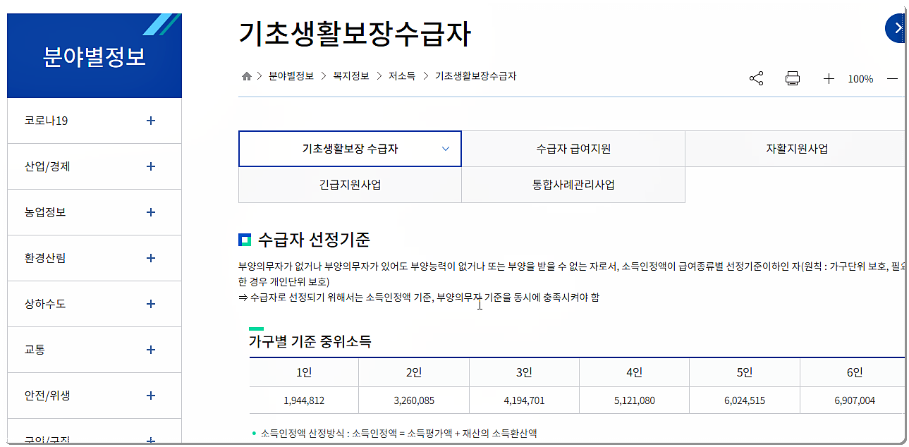 기초생활보장수급자 안내