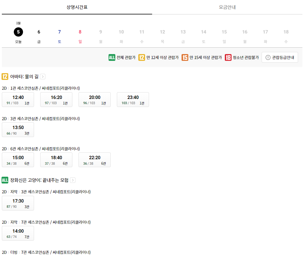 롯데시네마 프리미엄구미센트럴 상영시간표 예시