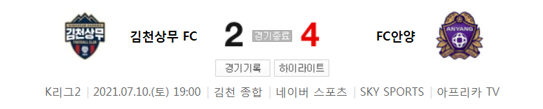  K리그2 / 국내축구 - 김천상무 VS 안양 (2 - 4) 2021시즌 20라운드 하이라이트 (2021년 7월 10일)