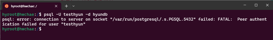 psql: error: connection to server on socket &quot;/var/run/postgresql/.s.PGSQL.5432&quot; failed: FATAL: Peer authentication failed for user &quot;testhyun&quot;