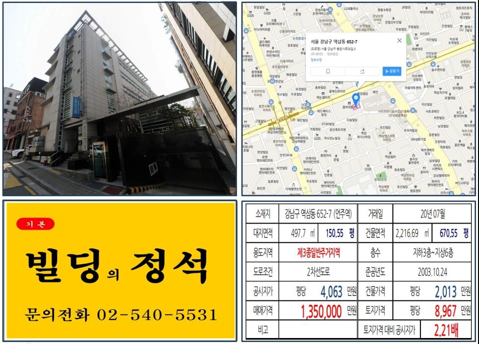  [강남구 스포월드 재개발 100억 올근생 꼬마빌딩 실거래가 조회] 역삼동 652-7 (언주역) 135억 원, 평당 8,967만 원 매매되었습니다. 원에디션강남오피스텔