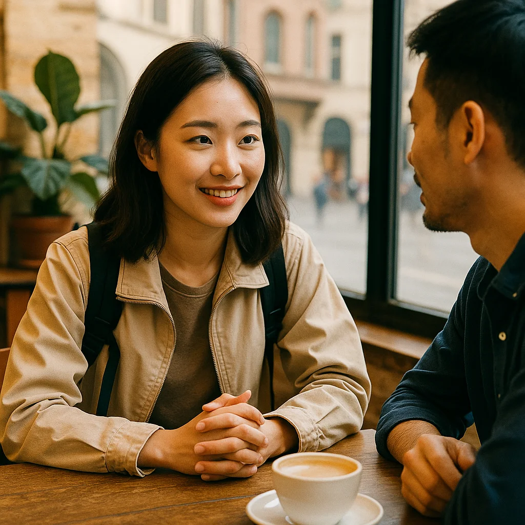 a Korean solo traveler talking with a stranger at a café in a foreign city