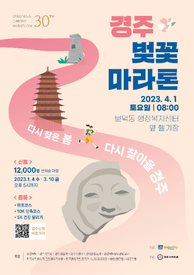 알트태그-첨성대에서 황룡사탑으로 이어진 길을 마라토너가 달리고 있다