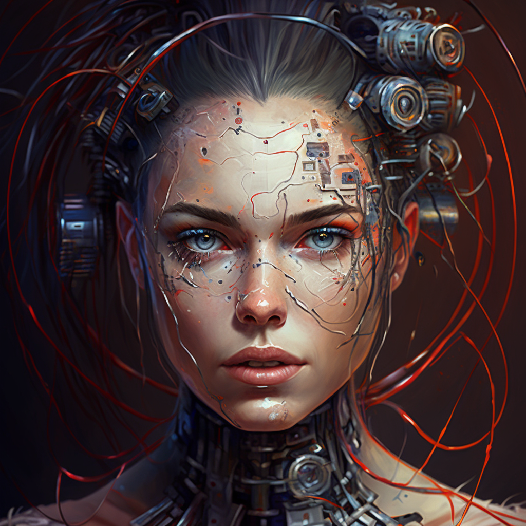 A painting of a cyborg girl