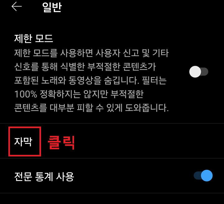 자막 메뉴 클릭함