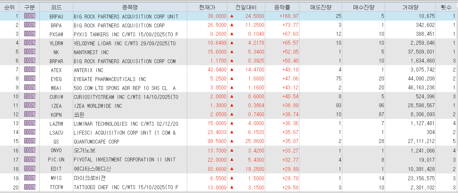  12월21일 미국주식 상승률 상위 종목 TOP 200