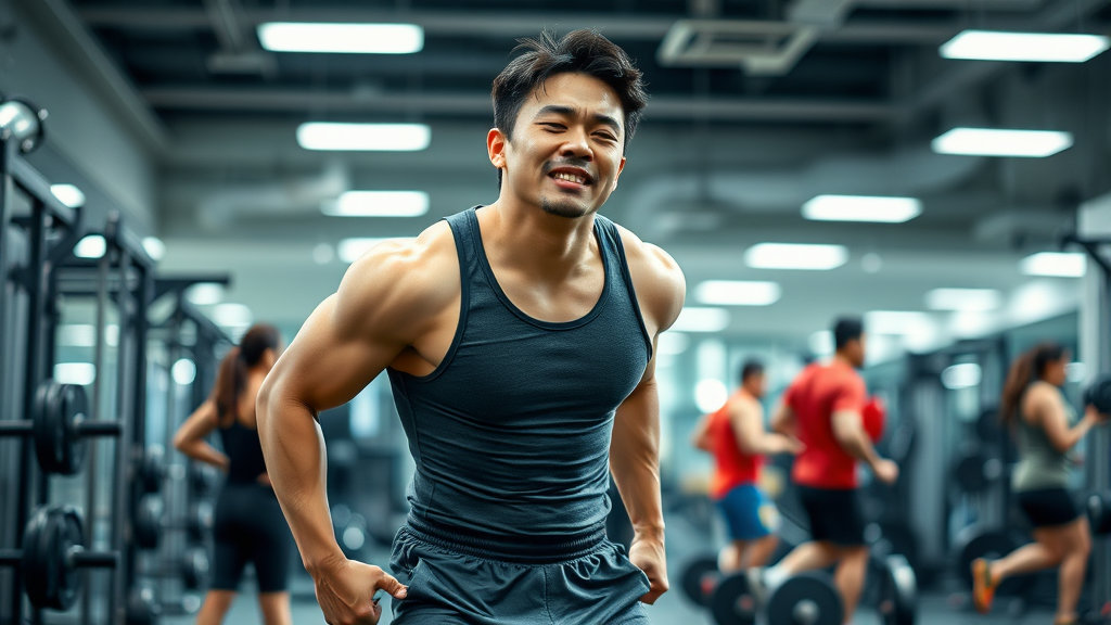 헬스장에서 운동 중 갑자기 눈을 감고 중심을 잃는 남성