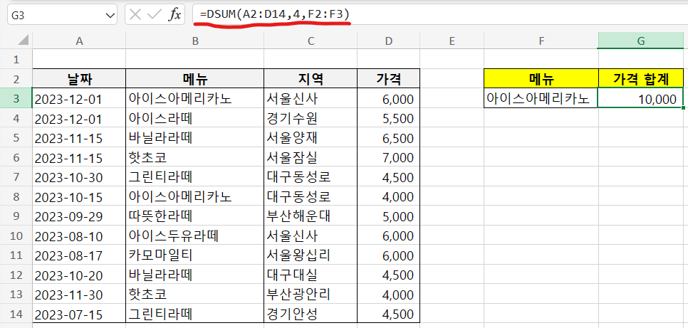 엑셀 DSUM 함수 사용 예제