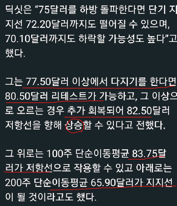 77.5 달러 지지후 82.5 상승 가능성 예상 기사