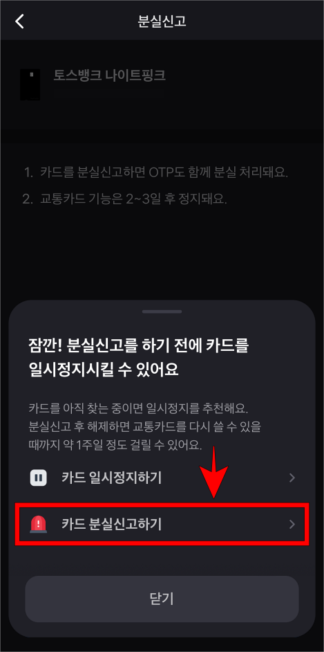 카드 정지 안내의 &quot;카드 분실신고하기&quot;를 선택