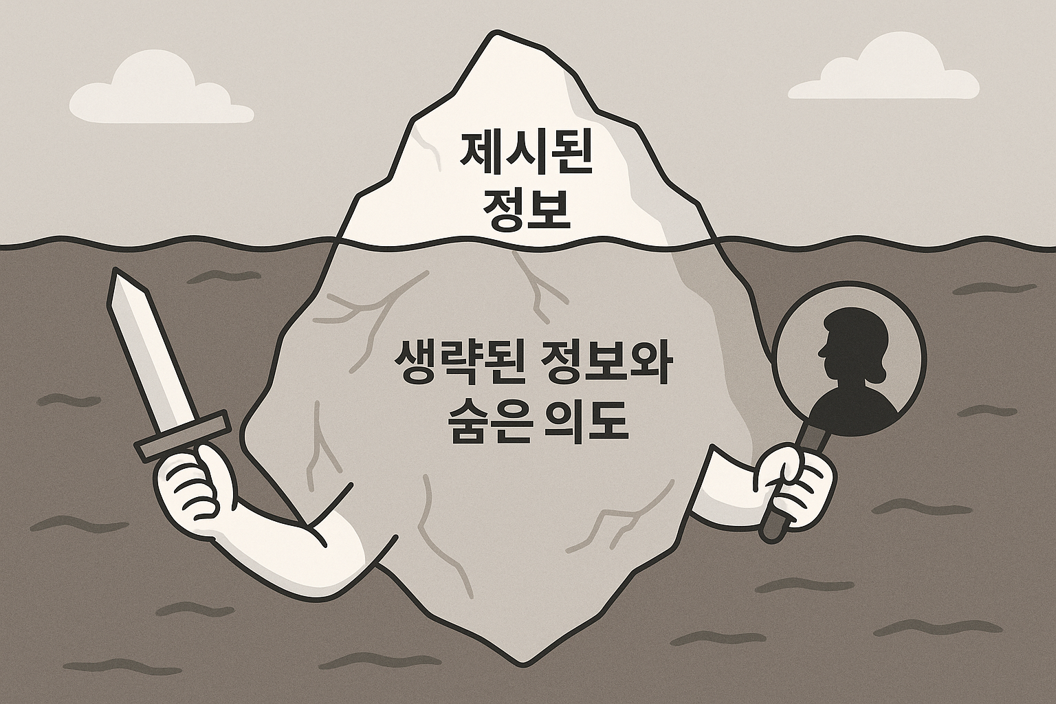수면 위 빙산의 일각은 '제시된 정보', 수면 아래 거대한 얼음 덩어리는 '생략된 정보와 숨은 의도'라고 표시된 이미지