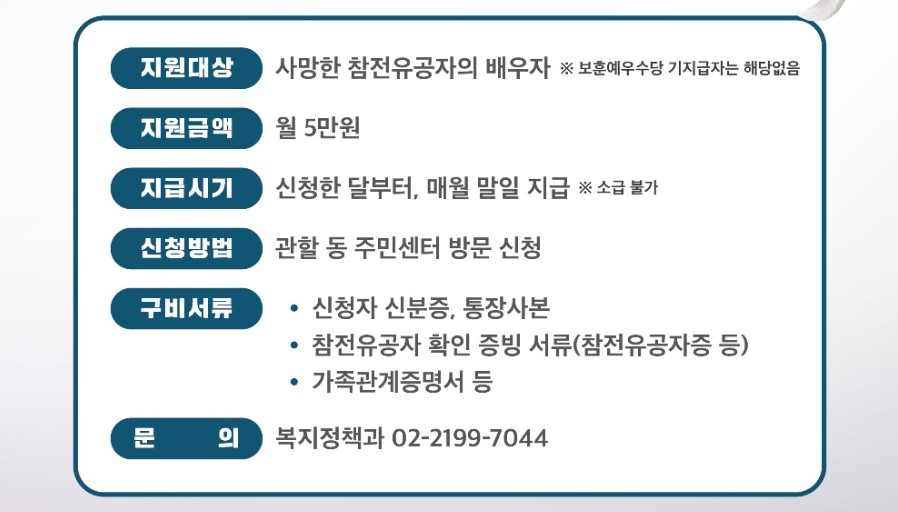 용산구 참전유공자 배우자 복지수당 신청