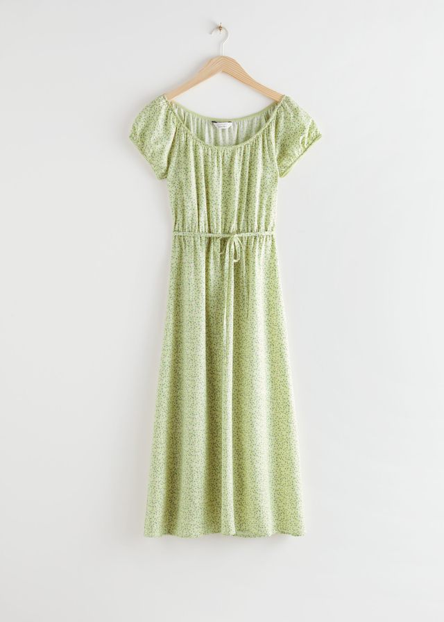  Scoop Neck Puff Sleeve Midi Dress