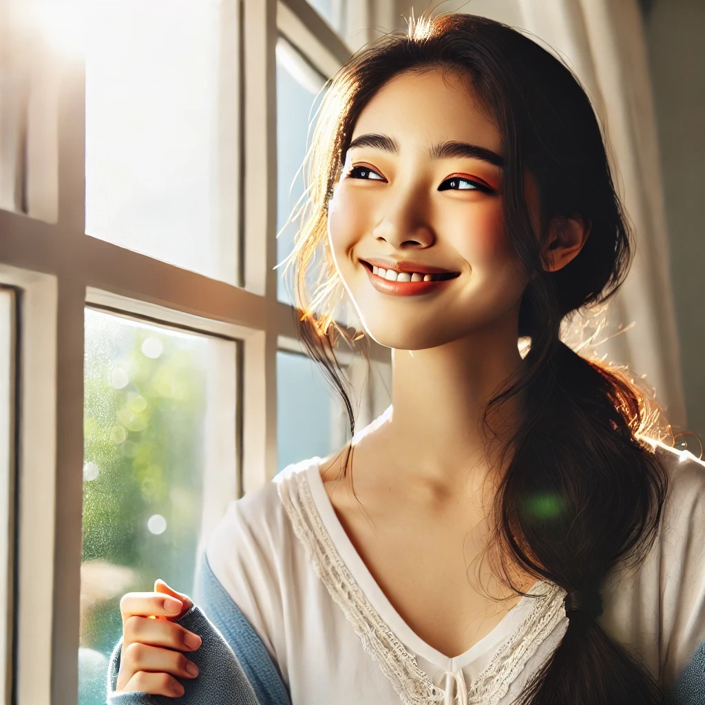 A woman enjoying sunlight by a window